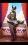  anubian_jackal black_fur breasts canine clothed clothing dickgirl dracojeff dripping fur intersex jackal licking licking_lips looking_at_viewer mammal nefer partially_clothed penis piercing precum solo tongue tongue_out 