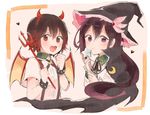  :3 bracelet brown_eyes brown_hair cape collared_shirt crescent crescent_moon_pin demon_wings fang_out hair_ornament halloween halloween_costume hat heart horns itomugi-kun jewelry kantai_collection kisaragi_(kantai_collection) moon_(ornament) multicolored_hair multiple_girls mutsuki_(kantai_collection) polearm purple_eyes purple_hair red_hair shirt smile spiked_bracelet spikes star suspenders trident two-tone_hair wand weapon wings wizard_hat 