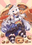  ahoge black_bow blue_eyes blue_skirt blush bow breasts choker fierce_tiger_(zhan_jian_shao_nyu) frilled_sleeves frills full_body hair_ornament hairclip halloween hat jack-o'-lantern jiuling kent_(zhan_jian_shao_nyu) kneeling lipstick long_hair long_sleeves looking_at_viewer makeup mini_hat parted_lips pleated_skirt pumpkin pumpkin_on_head ribbon sailor_collar shirt skirt sleeveless sleeveless_shirt striped striped_legwear teeth thighhighs very_long_hair white_bow white_hair white_ribbon white_shirt wide_sleeves zhan_jian_shao_nyu 