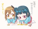  &gt;:) :o all_fours bangs black_feathers blue_hair blue_shirt blunt_bangs brown_eyes brown_hair child child_drawing crayon drawing eyebrows eyebrows_visible_through_hair feathers hair_feathers kindergarten_uniform kunikida_hanamaru long_sleeves lourie love_live! love_live!_sunshine!! multiple_girls no_shoes paper pink_skirt pleated_skirt purple_eyes shirt side_bun skirt smile socks translated tsushima_yoshiko v-shaped_eyebrows white_legwear younger zura_(phrase) 