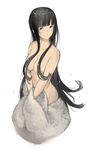  bangs black_hair blunt_bangs breasts brown_eyes collarbone covering covering_crotch granblue_fantasy hair_censor hair_over_breasts hanarito hands_together hip_bones jessica_(granblue_fantasy) large_breasts long_hair looking_at_viewer nude simple_background smile solo upper_body very_long_hair white_background 