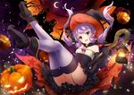  ankle_boots bird black_footwear black_gloves boots breasts bug_(artist) building cane cape cloud cosplay crescent_moon gloves halloween hat lamp long_hair looking_at_viewer miniskirt moon night night_sky open_mouth pumpkin purple_eyes purple_hair silk skirt sky small_breasts solo spider_web star thighhighs tied_hair town tree vocaloid voiceroid witch witch_hat yuzuki_yukari zettai_ryouiki 