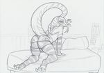  2015 all_fours anthro arm_warmers bed bedroom_eyes bulge butt claws clothed clothing digitigrade flower half-closed_eyes hindpaw inviting legwear looking_at_viewer looking_back male monochrome nick_(nirvana3) nirvana3 on_bed paws plant raised_tail rear_view reptile rose scalie seductive skimpy smile snake solo striped_legwear stripes thigh_highs thong traditional_media_(artwork) 