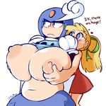  age_difference android areolae belly black_eyes blonde_hair blue_eyes breast_grab breasts english fupoo gigantic_breasts grabbing grabbing_from_behind green_ribbon hair_ribbon heart heart_eyes large_areolae multiple_girls navel nipples plump red_skirt ribbon robot rockman rockman_(classic) rockman_9 roll shirt_lift skirt splash_woman sweat twitter_username 