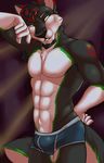  abstract_background anthro armpit_hair black_fur black_hair black_nose bulge canine clothed clothing fcsimba fur green_eyes green_fur hair male mammal multicolored_fur muscular muscular_male pose red_fur solo underwear wolf 