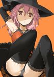  absurdres black_legwear black_panties breasts chikkinage_nage dress from_below guilty_crown hair_ornament halloween hat highres long_hair looking_at_viewer looking_down panties pantyshot pink_hair red_eyes skirt solo thighhighs twintails underwear upskirt white_panties witch_hat yuzuriha_inori 