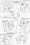  2016 absurd_res anthro black_and_white canine clothed clothing comic dialogue disney duo english_text female fox hi_res judy_hopps lagomorph male mammal monochrome nick_wilde rabbit smile sprinkah text zootopia 