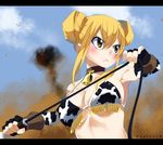  1girl absurdres bell bell_collar belt bikini bikini_top blonde_hair breasts brown_eyes cleavage collar cow_bell cow_print double_bun fairy_tail female gaston18 gloves large_breasts lucy_heartfilia midriff navel pointing revealing_clothes solo weapon whip 