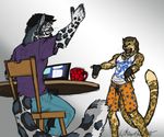  anthro clothed clothing computer duo feline fur hair laptop leopard male mammal open_mouth outside regentshaw sitting sketch smile snow_leopard spots standing 