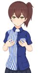  blue_shirt blue_skirt breast_hold breasts brown_eyes brown_hair employee_uniform kaga_(kantai_collection) kantai_collection lawson linfa_lm looking_at_viewer pleated_skirt shirt short_hair side_ponytail skirt solo striped striped_shirt uniform vertical-striped_shirt vertical_stripes 