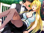  1girl bare_arms belt bench berochu! blonde_hair blush bra breasts cleavage earrings eyes_closed game_cg highres hikami_yuria large_breasts legs long_hair lying nakano_sora necklace open_mouth outdoors pantyhose see-through sitting skirt sleeveless thighs wet_clothes 