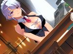  1girl aoshima_rui bare_arms bare_shoulders berochu! blush breasts chair cleavage detached_collar dutch_angle game_cg highres indoors large_breasts looking_away maid maid_headdress nakano_sora purple_eyes purple_hair short_hair sleeveless smile solo standing 