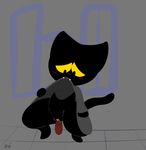  2016 anthro black_fur blush bottomless cat cloak clothed clothing crouching feline female fur google halloween holidays mammal momo_(google) penetration puffdraws pussy sex_toy simple_background solo vaginal vaginal_penetration video_games yellow_eyes yellow_sclera 
