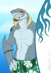  anthro beard board_shorts facial_hair fish looking_at_viewer male marine muscular regentshaw shark sharp_teeth smile solo surfboard teeth 