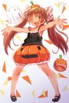 artist_name bow brown_eyes brown_hair commentary_request fang food_themed_hair_ornament full_body hair_bow hair_ornament halloween_costume highres kantai_collection libeccio_(kantai_collection) long_hair looking_at_viewer mary_janes no_socks one_eye_closed open_mouth outstretched_arms pumpkin pumpkin_costume pumpkin_hair_ornament pumpkin_pants shoes solo spaghetti_strap striped striped_bow twintails yumi_yumi 