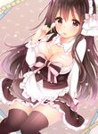  apron black_legwear breasts brown_eyes brown_hair cleavage cream cream_on_face dress food food_on_body food_on_face large_breasts long_hair maid mintsu_(ichi--kun) original solo thighhighs tongue tongue_out 