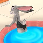  anthro clothing disney female judy_hopps lagomorph looking_at_viewer mammal merffle outside rabbit smile solo standing swimsuit thick_thighs wet zootopia 