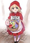  :q absurdres black_eyes blonde_hair bow bowtie candy cape commentary cosplay dress eyebrows eyebrows_visible_through_hair food futaba_anzu halloween_costume highres idolmaster idolmaster_cinderella_girls kitou_sakeru little_red_riding_hood little_red_riding_hood_(grimm) little_red_riding_hood_(grimm)_(cosplay) long_hair looking_at_viewer looking_up low_twintails red_bow red_cape red_dress red_hood red_neckwear solo striped striped_legwear tongue tongue_out trick_or_treat twintails v-shaped_eyebrows 