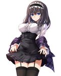  bangs black_hair black_legwear blue_eyes blush bow bowtie breasts center_frills dress dress_lift frilled_hairband frills garter_straps hairband highres idolmaster idolmaster_cinderella_girls large_breasts long_hair meme_attire plaid rikudou_inuhiko sagisawa_fumika shawl simple_background smile solo thighhighs virgin_killer_outfit white_background 