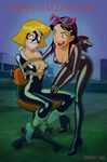  2girls black_cat_(marvel_comics) black_hair blonde_hair bondage catsuit catwoman cleavage clover_(totally_spies) costume drew_gardner fangs halloween high_heel_boots high_heels mandy_(totally_spies) multiple_girls office_chair restrained rope totally_spies yuri zipper 