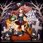  blonde_hair blue_eyes boots breasts chibi cleavage closed_eyes danganronpa danganronpa/zero danganronpa_1 enoshima_junko freckles green_hair halloween hat highres ikusaba_mukuro kamukura_izuru kazura_(0625625) komaeda_nagito large_breasts long_hair matsuda_yasuke monaka_(danganronpa) multiple_boys multiple_girls nail_polish pumpkin scythe short_hair sleeves_rolled_up smile super_danganronpa_2 twintails witch_hat zettai_zetsubou_shoujo 