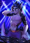  5_fingers anthro black_nose blue_hair canine clothed clothing green_eyes hair headphones looking_at_viewer male mammal navel open_mouth smile solo sorafoxyteils standing teeth tongue topless wolf 