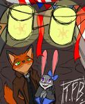  2016 anthro arm_around_shoulders canine clothed clothing coat disney dress duo ear_bow female fox judy_hopps lagomorph male mammal nick_wilde outside paper_lantern rabbit ribbons road smile thephantombeyond zootopia 