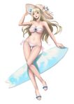  absurdres adjusting_clothes adjusting_hat bikini blonde_hair blue_eyes breasts cleavage eshan groin hat highres large_breasts lexington_(zhan_jian_shao_nyu) long_hair navel red_lips sketch solo straw_hat surfboard swimsuit white_background zhan_jian_shao_nyu 