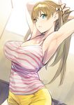  armpits arms_up blonde_hair blue_eyes blush breasts hair_lift hair_ribbon highres large_breasts long_hair mariana_princilla parted_lips reco_love reco_love_gold_beach ribbon shimotsuki_eight short_shorts shorts signature solo striped tank_top 