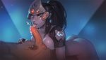  1boy 1girl ass blue_hair blue_skin breast_press breasts cum ejaculation girl_on_top gradient_background head_mounted_display licking male_pubic_hair nail_polish open_mouth overwatch parted_lips penis ponytail raunchyninja saliva tongue_out uncensored widowmaker_(overwatch) yellow_eyes 