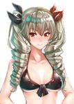  anchovy bikini_top breasts cleavage drill_hair duplicate girls_und_panzer hair_ribbon long_hair looking_at_viewer medium_breasts older red_eyes ribbon shiny shiny_skin simple_background smile solo standing twintails upper_body wavy_mouth zucchini 