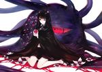  apple black_dress black_hair blue_eyes cthulhu_mythos dress food fruit highres long_hair monster original pale_skin sitting tentacles tokiti 