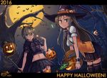  blonde_hair blue_eyes brown_eyes brown_hair dreadtie full_moon garter_straps glasses halloween hat highres horns jack-o'-lantern midriff moon multiple_girls original thighhighs witch_hat 