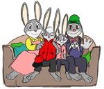  2016 anthro baby bonnie_hopps clothed clothing disney family female group hair_tuft hat judy_hopps lagomorph looking_at_viewer male mammal pacifier rabbit simple_background sitting smile sofa stu_hopps thephantombeyond waving white_background young zootopia 