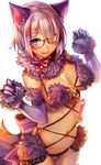  animal_ears bow breasts cleavage dangerous_beast elbow_gloves fang fate/grand_order fate_(series) fur-trimmed_gloves fur_collar fur_trim glasses gloves hair_over_one_eye halloween halloween_costume highres large_breasts looking_at_viewer mash_kyrielight mokyu o-ring o-ring_top panties purple_eyes purple_hair red_bow revealing_clothes short_hair smile solo underwear wolf_ears 