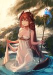 :d breasts brown_hair cleavage dress highres holding holding_staff horns long_hair medium_breasts open_mouth original pointy_ears see-through sleeveless sleeveless_dress smile solo staff tail teeth very_long_hair water wet wet_clothes white_dress yellow_eyes yu-ri 