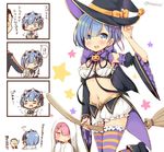  2girls bamboo_broom blue_eyes blue_hair blush breasts broom broom_riding flying ghost_costume hair_ornament hair_over_one_eye halloween halloween_costume hat looking_at_viewer medium_breasts mori_airi multiple_girls natsuki_subaru navel pink_hair pink_ribbon ram_(re:zero) re:zero_kara_hajimeru_isekai_seikatsu rem_(re:zero) ribbon short_hair siblings sisters star thighhighs translation_request twins witch witch_hat 