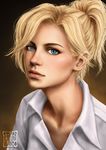  blonde_hair blue_eyes brown_background casual collarbone collared_shirt ears highres lips mercy_(overwatch) nose overwatch ponytail portrait realistic shirt solo trixia watermark white_shirt 