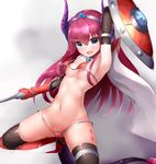  arm_up armor armpits bikini bikini_armor black_gloves black_legwear blue_eyes blush boruhis breasts cape cowboy_shot diamond_(shape) dragon_tail elbow_gloves elizabeth_bathory_(brave)_(fate) elizabeth_bathory_(fate)_(all) eyebrows eyebrows_visible_through_hair fang fate/extra fate/extra_ccc fate/grand_order fate_(series) gloves grey_background groin hair_between_eyes holding holding_shield holding_weapon horns long_hair looking_at_viewer loose_bikini navel nipples open_mouth oversized_breast_cup oversized_clothes pink_hair pointy_ears red_armor red_bikini red_gloves shield shoulder_armor silver_trim small_breasts solo spaulders sphere stomach swimsuit tail thighhighs tiara underboob vambraces wardrobe_malfunction weapon white_cape 