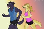  anthro canine clothed clothing duo female fur hair jogging male mammal open_mouth regentshaw standing tongue tongue_out 