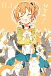  :3 ^_^ alternate_hairstyle animal animal_hug bare_shoulders blush cat closed_eyes collarbone dated head_tilt highres hoshizora_rin love_live! love_live!_school_idol_project number nyan off-shoulder_shirt open_mouth orange_background outline pants rassie_s shirt short_hair side_ponytail sitting sound_effects surrounded sweatpants too_many too_many_cats yellow_shirt 