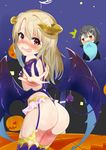  1girl arm_warmers ass bare_shoulders black_hair blush breasts brown_eyes cape costume demon_girl demon_horns demon_tail demon_wings embarrassed fate/kaleid_linear_prisma_illya fate_(series) garter_straps ghost halloween halloween_costume horns illyasviel_von_einzbern jack-o&#039;-lantern long_hair looking_at_viewer minigirl miyu_edelfelt multiple_girls open_mouth platinum_blonde shiny shiny_skin shocked sideboob small_breasts succubus surprised tail thighhighs thong wavy_mouth wings 