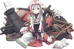  armor blush cannon fang fingerless_gloves flag gloves grey_eyes hat inuyama_(oshiro_project) isegawa_yasutaka long_hair looking_at_viewer official_art open_mouth oshiro_project silver_hair sitting transparent_background white_flag 