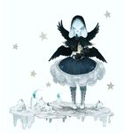  bird_wings black_wings blue_eyes blue_fire boot_bow boots bow candle candle_wax cape death_(entity) fantasy_earth_zero finger_to_mouth fire frilled_skirt frills full_body gauntlets gu_(goodnight) knee_boots multiple_wings simple_background skirt skull solo standing star wings 