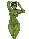  areola big_breasts breasts clothing erect_nipples female hat humanoid maid_uniform mostly_nude muscular muscular_female nipples nisetanaqa orc pubes pussy solo uniform 