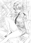  animal_ears biting glove_biting gloves greyscale hat highres katou_keiko looking_at_viewer monochrome necktie one_eye_closed panties police police_uniform short_hair sitting smile solo stairs ulrich_(tagaragakuin) underwear uniform world_witches_series 