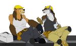  anthro armor bear beverage canine clothed clothing duo female fur grizzly_bear hair hard_hat helmet mammal open_mouth regentshaw sitting smile 