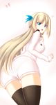  ass blonde_hair blue_eyes breasts dd_(897671246) from_behind from_below highres large_breasts lexington_(zhan_jian_shao_nyu) long_hair looking_back pantylines sleeves_past_wrists solo startled thighhighs thighs zhan_jian_shao_nyu 