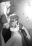  apron bandaid commentary cuey_c_lops dark_skin dress greyscale highres maid maid_apron maid_headdress mifilinah_jegell monochrome multiple_girls original rakurakutei_ramen short_sleeves 