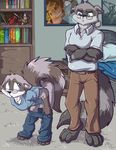  angry barefoot bedroom bent_over clothed clothing crossed_arms eyewear father father_and_son fluffy fluffy_tail fuf fully_clothed glasses humor inside looking_back mammal nervous pants_down parent partially_clothed pun raccoon son sweatpants undressing 